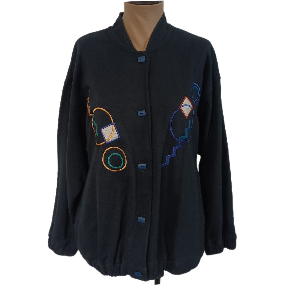 Vintage 80s Nino Wong Cardigan Womens‎ M Black Patchwork New Wave Oversized